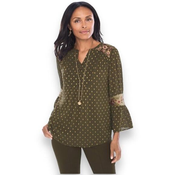 Chico's Women’s Green Jacquard Dot Embroidered  Velvet Details Peasant Blouse M - Picture 2 of 13